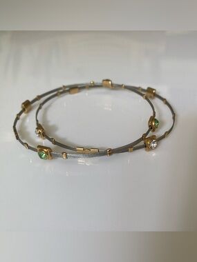 Silver and gold tone minimalist wire bracelets rhinestone accents, set of two